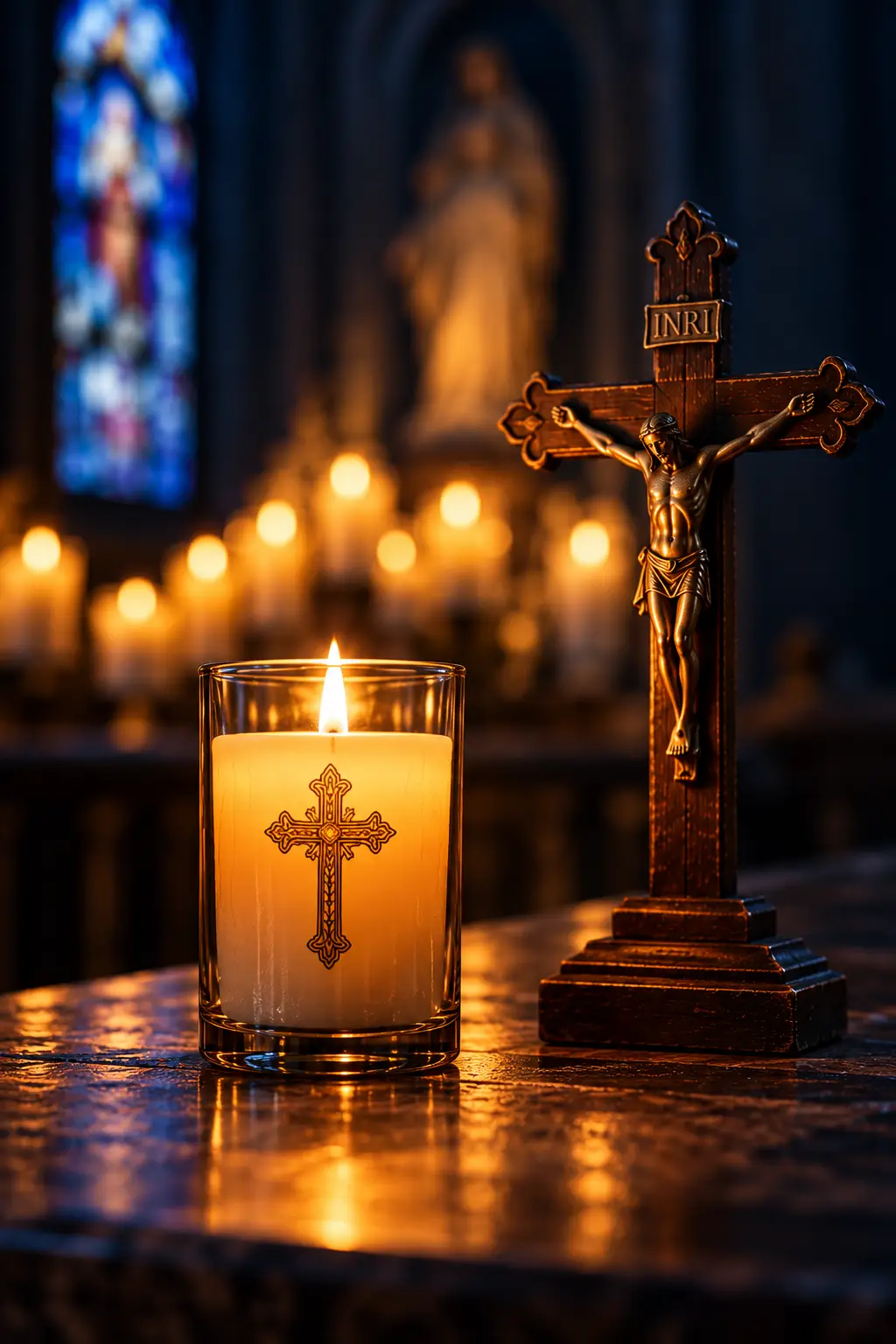 A glowing prayer candle beside a crucifix, with a softly blurred statue in the background.